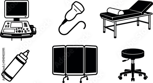 Black and white medical ultrasound machine probe examination couch screening divider and rolling stool vector icons set