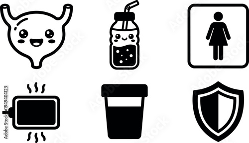 Flat design icons including smiling bladder organ juice bottle woman restroom sign heater cup and shield protection symbol
