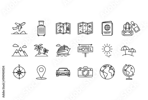 Modern travel and tourism outline icon collection with airplane passport luggage map and vacation symbols vector