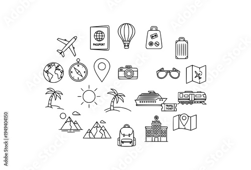 Travel and tourism line icon set with airplane globe luggage passport and adventure vacation symbols vector
