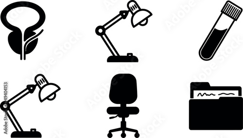 Black silhouette vector icons of laboratory lamp office chair test tube folder and urinary bladder anatomy illustration isolated on white background