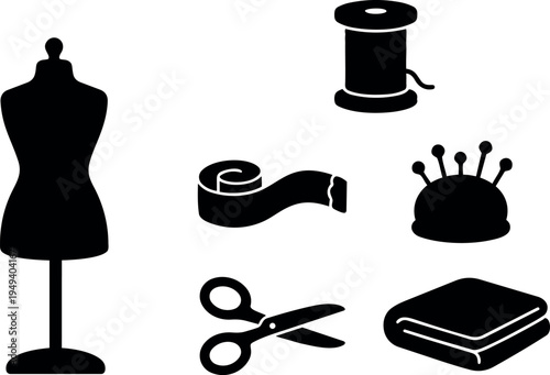 Black silhouette vector icons of dress form scissors thread pincushion measuring tape and folded fabric set isolated on white background