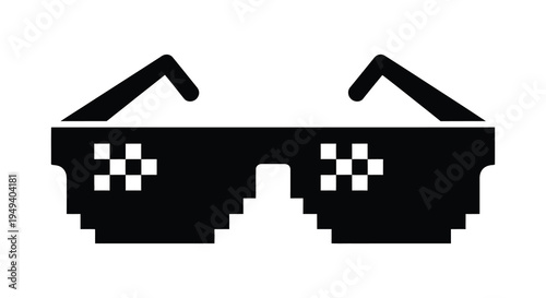 A striking black pixelated sunglasses design digitally rendered with sharp edges and a bold modern aesthetic silhouette high quality professional