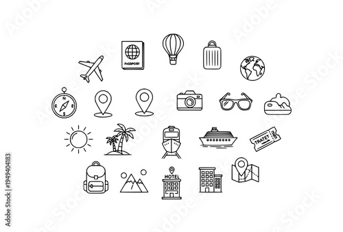 Travel and tourism line icon set with airplane globe luggage passport and adventure vacation symbols vector