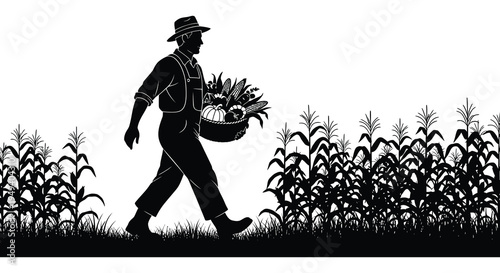 A farmer walks through a cornfield carrying a basket of produce depicted in a striking black silhouette high quality professional detailed