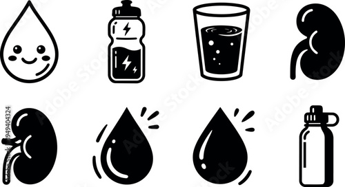 Vector black icons set with smiling water drop energy bottle glass drink human kidney small water drop and sport water bottle simple design
