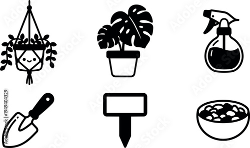 Minimalist black and white vector icons set including smiling hanging plant pot small trowel potted monstera plant spray bottle garden label and bowl of soil