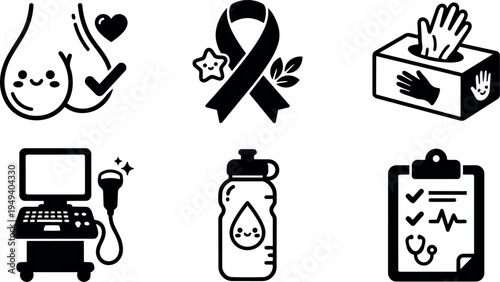 Black and white vector medical icons collection with ultrasound machine and breast cancer ribbon and tissue box and water bottle and health checklist and breast check mark