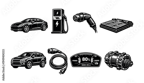 Electric vehicles and charging components set, vector illustration, black and white silhouette