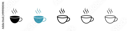 Hot coffee cup icons collection in black and blue colors