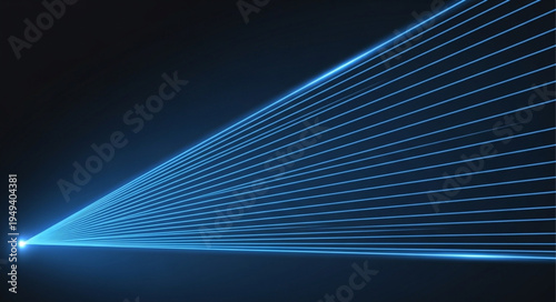 Bright Blue Laser Beam Spreading Outward Against Dark Background.
