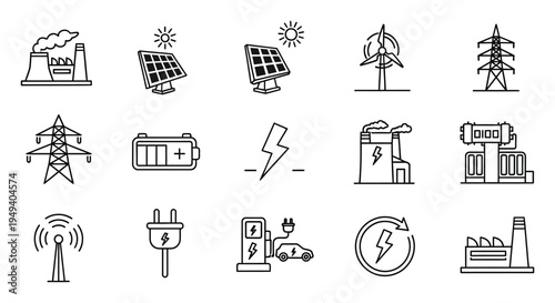 A collection of linear energy icons depicting power generation transmission and usage in black silhouette high quality professional detailed modern elegant