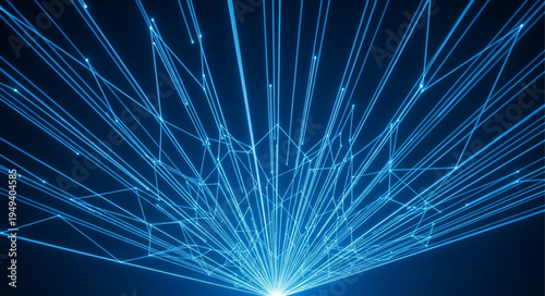 Abstract blue laser light beams radiating outwards from a central point.