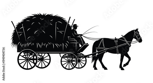 A black silhouette depicts a horse drawn hay wagon with a driver evoking rural life and traditional farming silhouette high quality professional