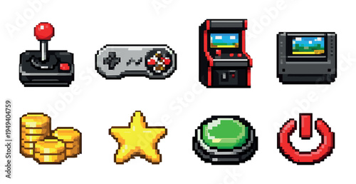 Arcade and controller icons arranged on gray background