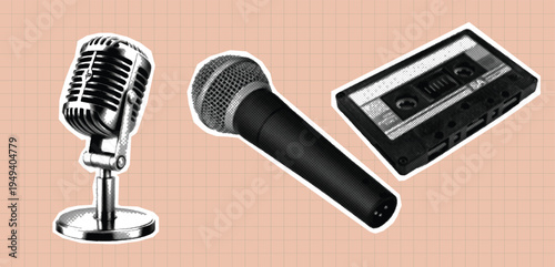 Retro vintage pop art comic style collage paper cutout stickers audio recording: a vintage microphone, a modern microphone, and a retro cassette tape on a peach grid background