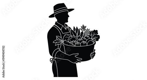 A black silhouette depicts a farmer carrying a bountiful basket of freshly harvested produce and wearing a hat silhouette high quality