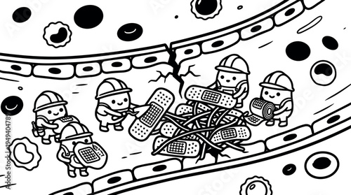 Cute cartoon style microscopic cells repairing damaged blood vessel with bandages teamwork vector illustration