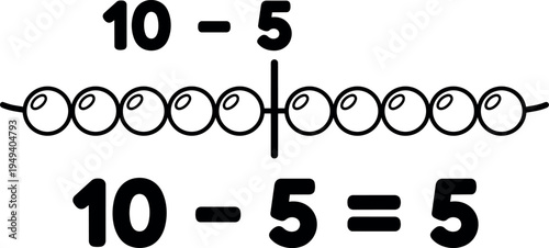 Simple black and white vector art subtraction ten minus five equals five with abacus style bead counting and educational math concept illustration