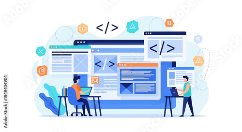 Flat Illustration of Collaborative Coding in Modern Workspace with Tech Elements and Creative Design