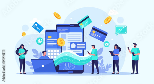 Dynamic Digital Illustration of Collaborative Tech Team with Laptops and Tablets in Modern Workspace (Creativity, Innovation, Productivity, Diversity, Technology)