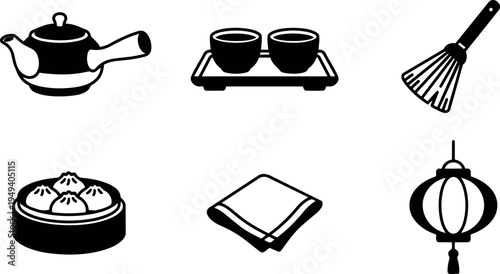 Black silhouette vector set featuring traditional teapot tea cups bamboo whisk steamed dumplings cloth napkin and hanging paper lantern