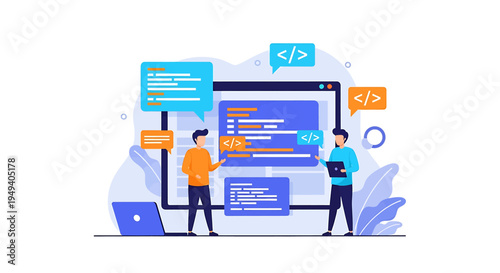 Two Men Collaborating on Coding with Computer Screen and Digital Elements in a Bright Modern Workspace Illustration