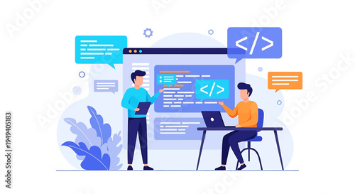 Modern Vector Illustration of Collaborating Programmers in Tech Workspace with Coding Symbols and Interactive Communication