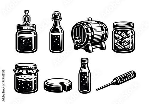 Vintage black and white fermentation tools set illustration with jars and barrels