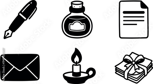 Black and white vector icons set with fountain pen ink bottle letter candle and tied letters minimal design