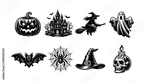 Halloween themed black and white vector set with witch ghost pumpkin and skull