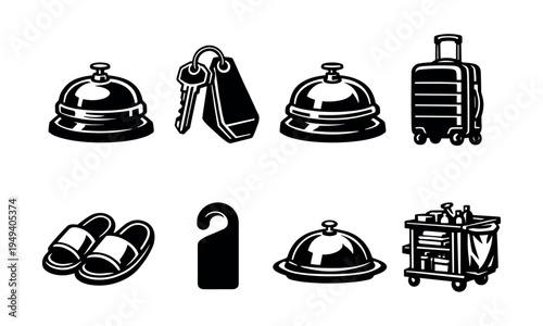 Hotel service icons set featuring bell key luggage silhouette vector illustration