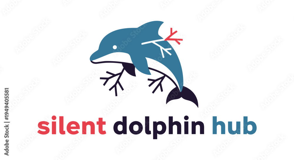 Obraz premium Dolphin jumping out of water in minimalist blue and red logo on white background for eco friendly branding