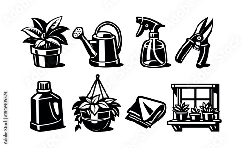 Black and white gardening tools and plants vector illustration set