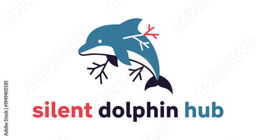 Dolphin jumping out of water in minimalist blue and red logo on white background for eco friendly branding