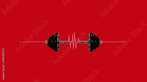 Graphic with a barbell and a heart rate trace centered on a red background