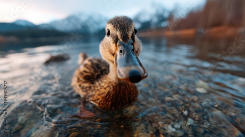 A close-up shot of a duck swimming gracefully in tranquil waters, surrounded by nature's beauty, encapsulating a moment of peace and connection with wildlife.