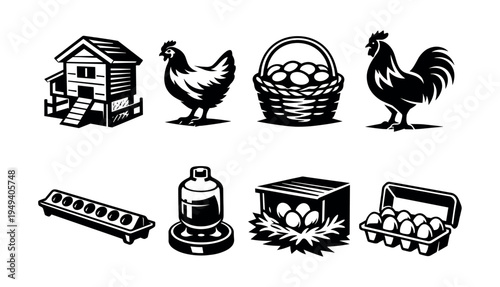 Black and white vector illustrations of chicken coop eggs and farming equipment