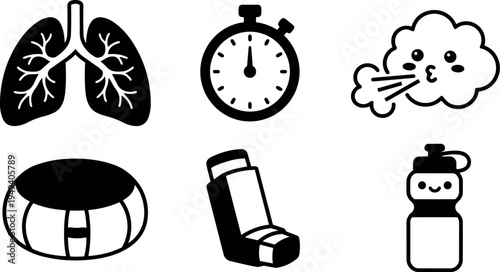 Flat design set of six black health icons including human lungs asthma inhaler stopwatch wind and water bottle