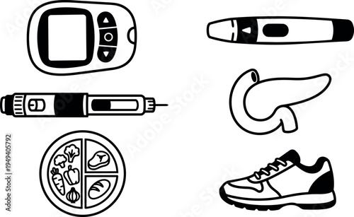 Hand drawn vector illustration of glucose meter insulin pen blood sugar monitor pancreas healthy diet and running shoe lifestyle