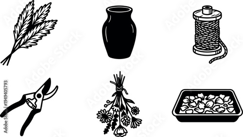 Black and white vector art set including herb bunch vase spool of thread pruning shears bouquet and flower petals tray collection