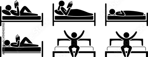 People sleeping and reading in bed silhouette set, bedtime routine icons collection isolated flat vector illustration
