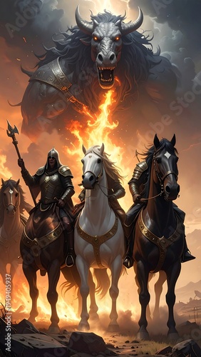 Epic fantasy scene with warriors on horseback facing a monstrous bull