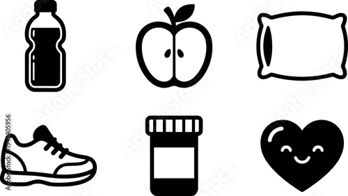 Black simple flat design icons set with bottle apple pillow sneaker medicine bottle and smiling heart shapes