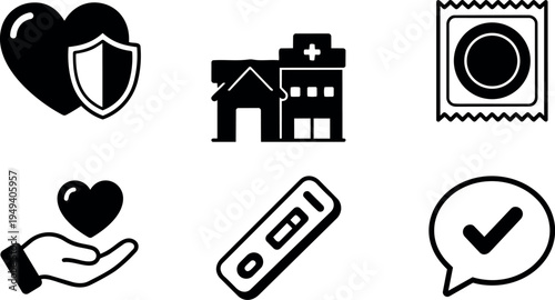 Black and white vector icons set of heart with shield medical building condoms hand holding heart rapid test and check mark speech bubble