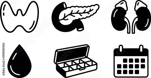 Minimalist black and white vector icons depicting thyroid gland pancreas kidneys blood drop pill organizer and calendar layout