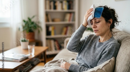 Woman with headache fever sitting on sofa holding cold compress ice pack forehead feeling sick suffering from migraine flu symptoms at home.