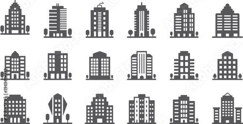 Modern city building icon set, urban architecture skyline collection, apartment office tower silhouettes, minimal flat vector illustration isolated