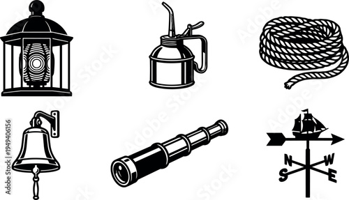 Black and white vintage nautical equipment vector set with lantern oil can rope bell telescope and weather vane in flat design style