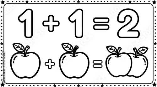 Black and white educational vector showing simple addition equation with apples and numbers for kids learning math